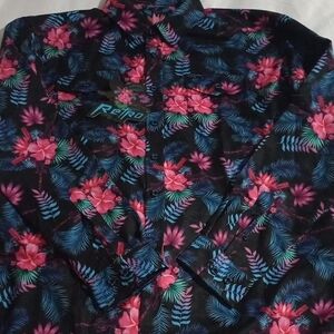 Retro Floral Black Men's Button-Down Shirt - Pink & Blue Tropical Print
